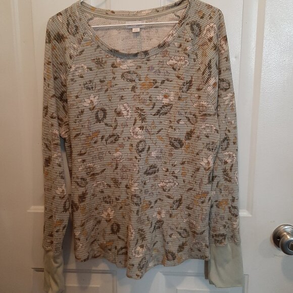 Knox Rose Long-Sleeve Thermal Knit Top; Women's Size Large: Sage Green w/Floral - Picture 1 of 4